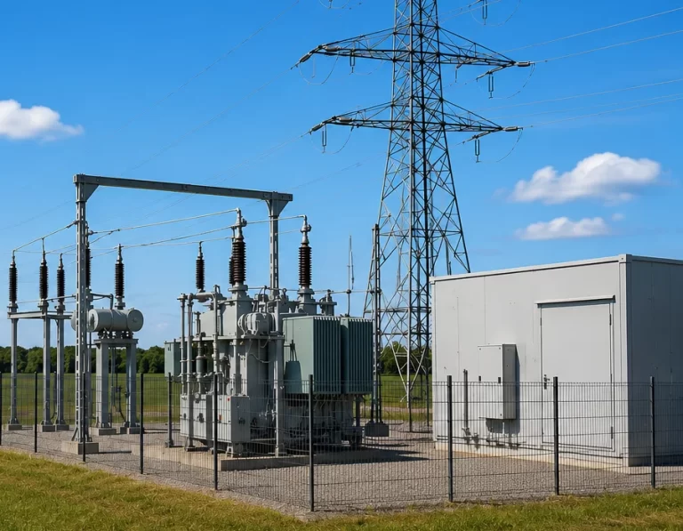 Small outdoor electrical substation with a power transformer, transmission tower, and equipment enclosure.